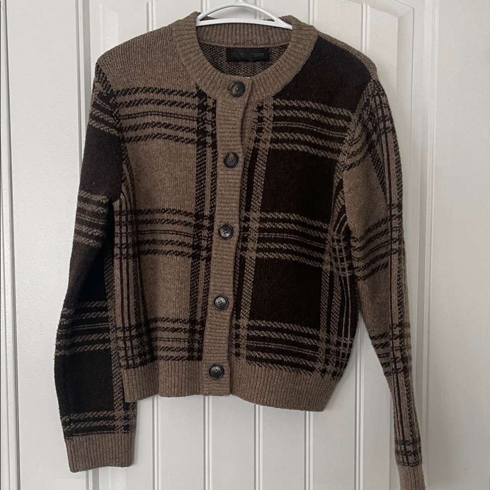 Zara Brown Checkered Knit Cardigan